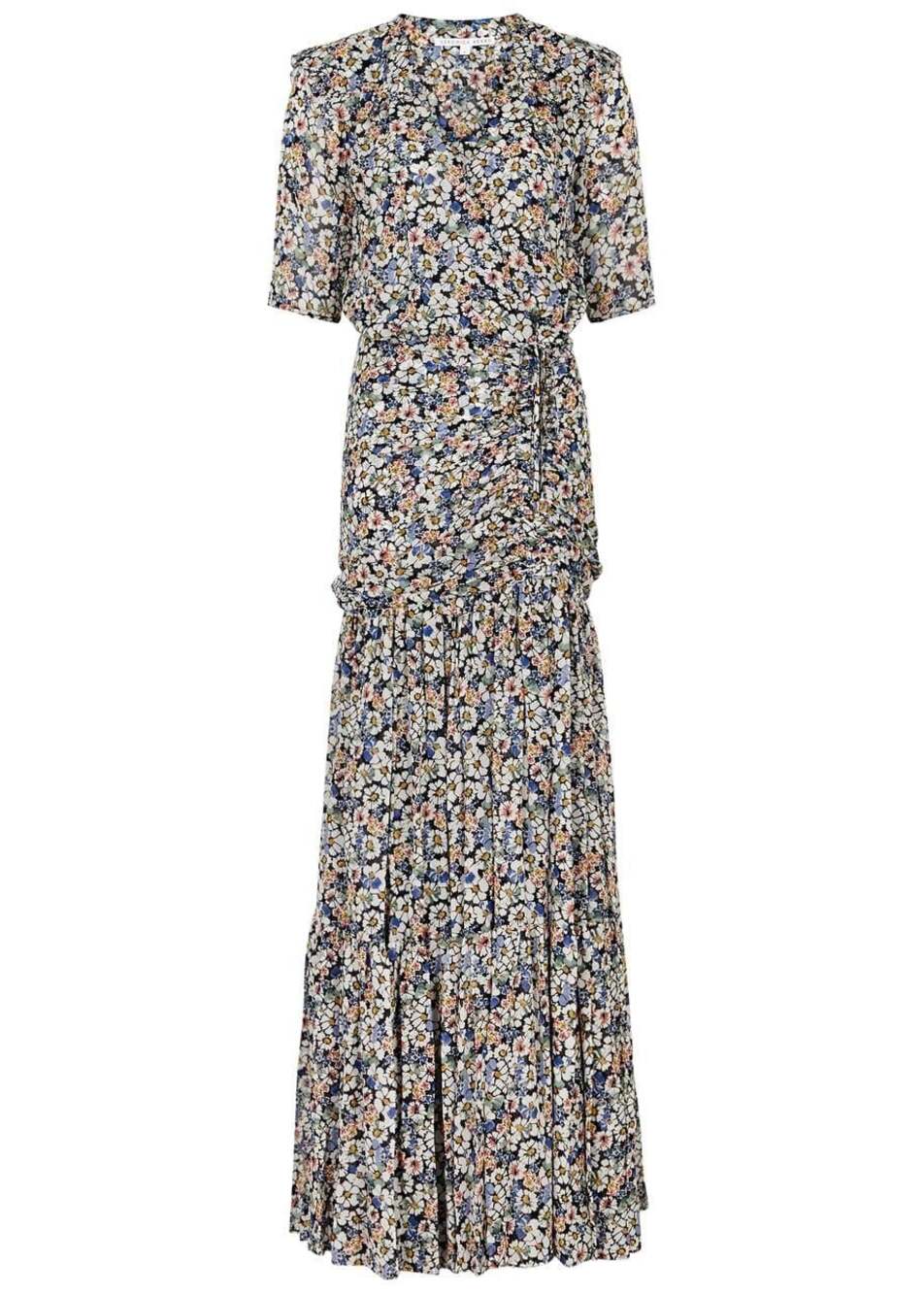 Veronica Beard Mick Floral Short-Sleeve Silk Maxi Dress in Black Multi